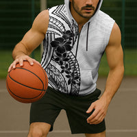 Black White Polynesia Tropical Flowers Sleeveless Zip Hoodie