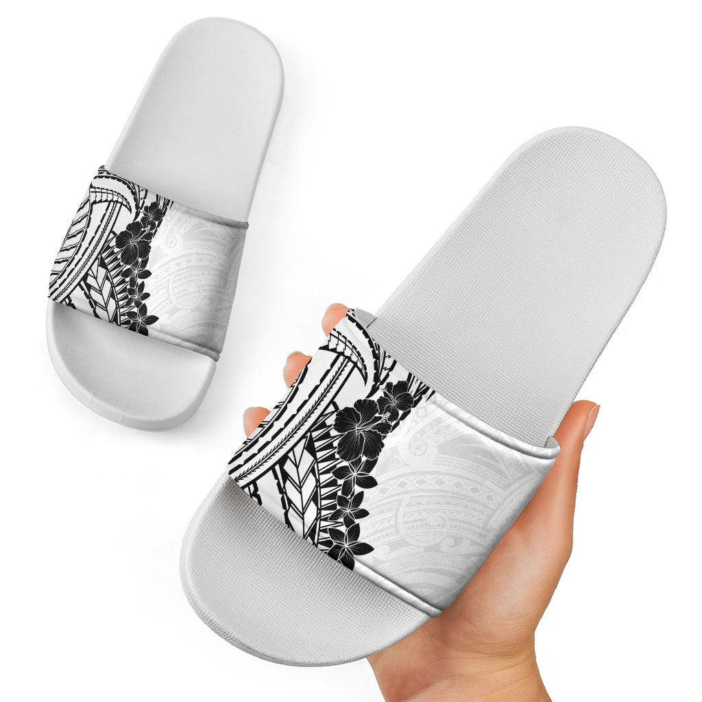 Black White Polynesia Tropical Flowers Slide Sandals LT14 - Polynesian Pride