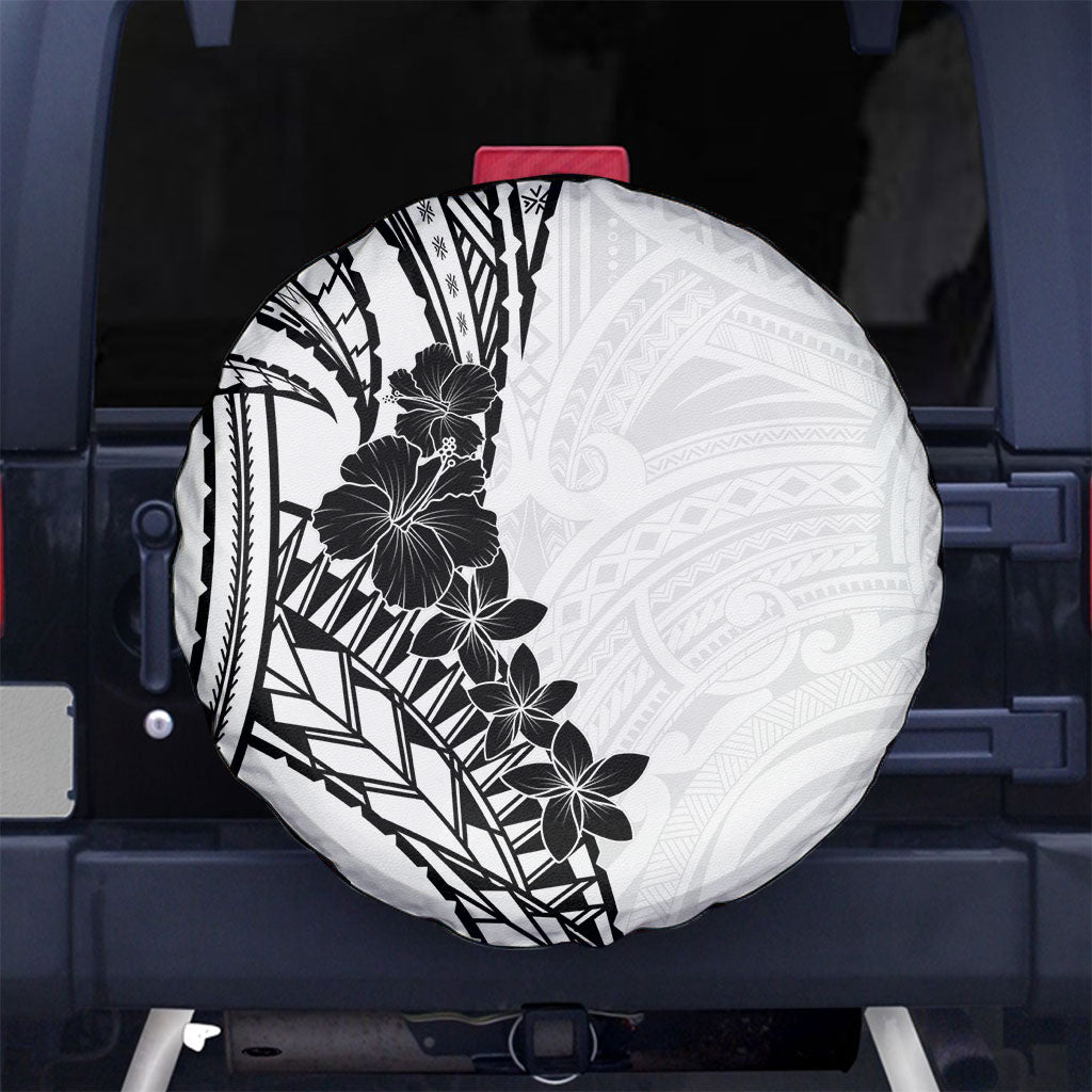 Black White Polynesia Tropical Flowers Spare Tire Cover