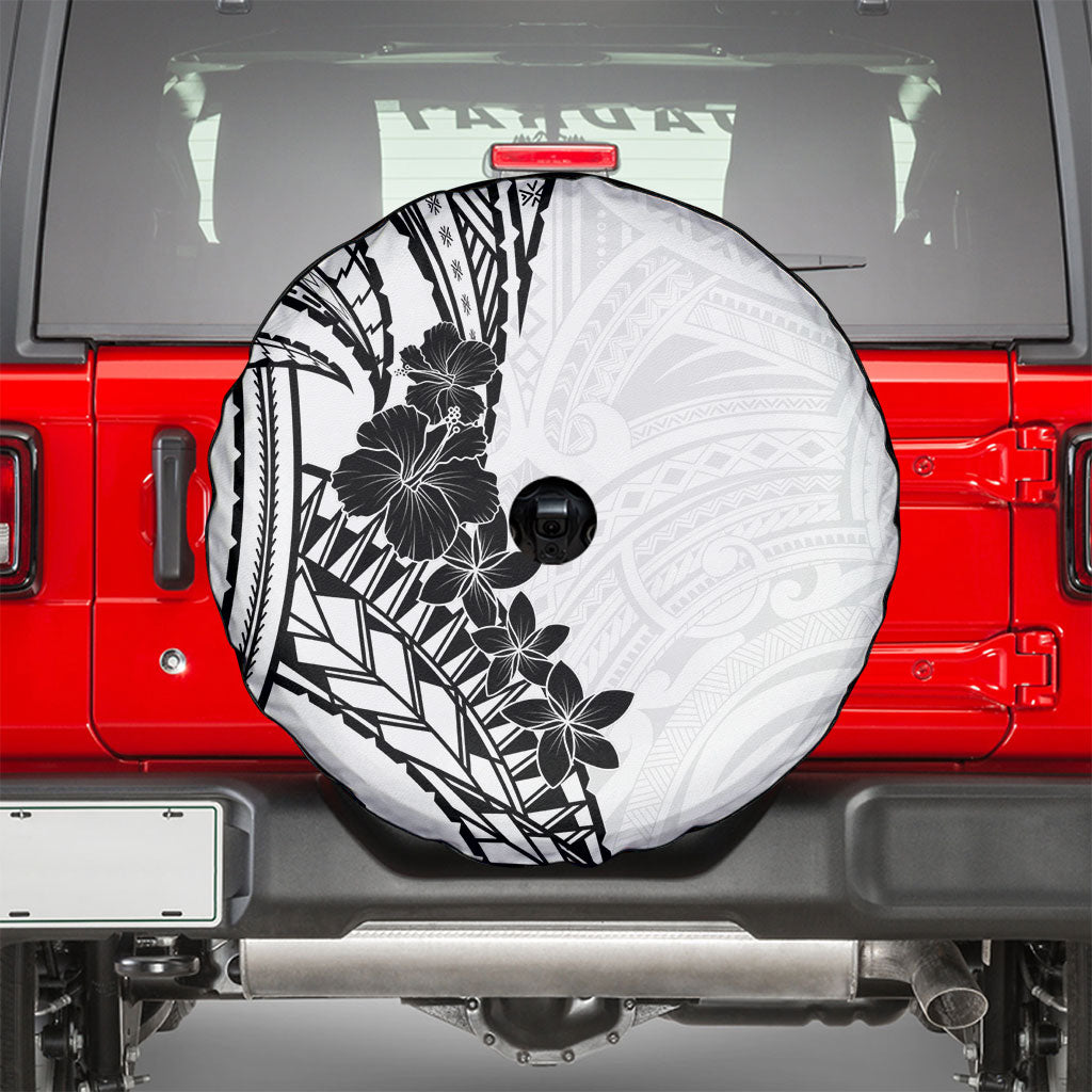 Black White Polynesia Tropical Flowers Spare Tire Cover
