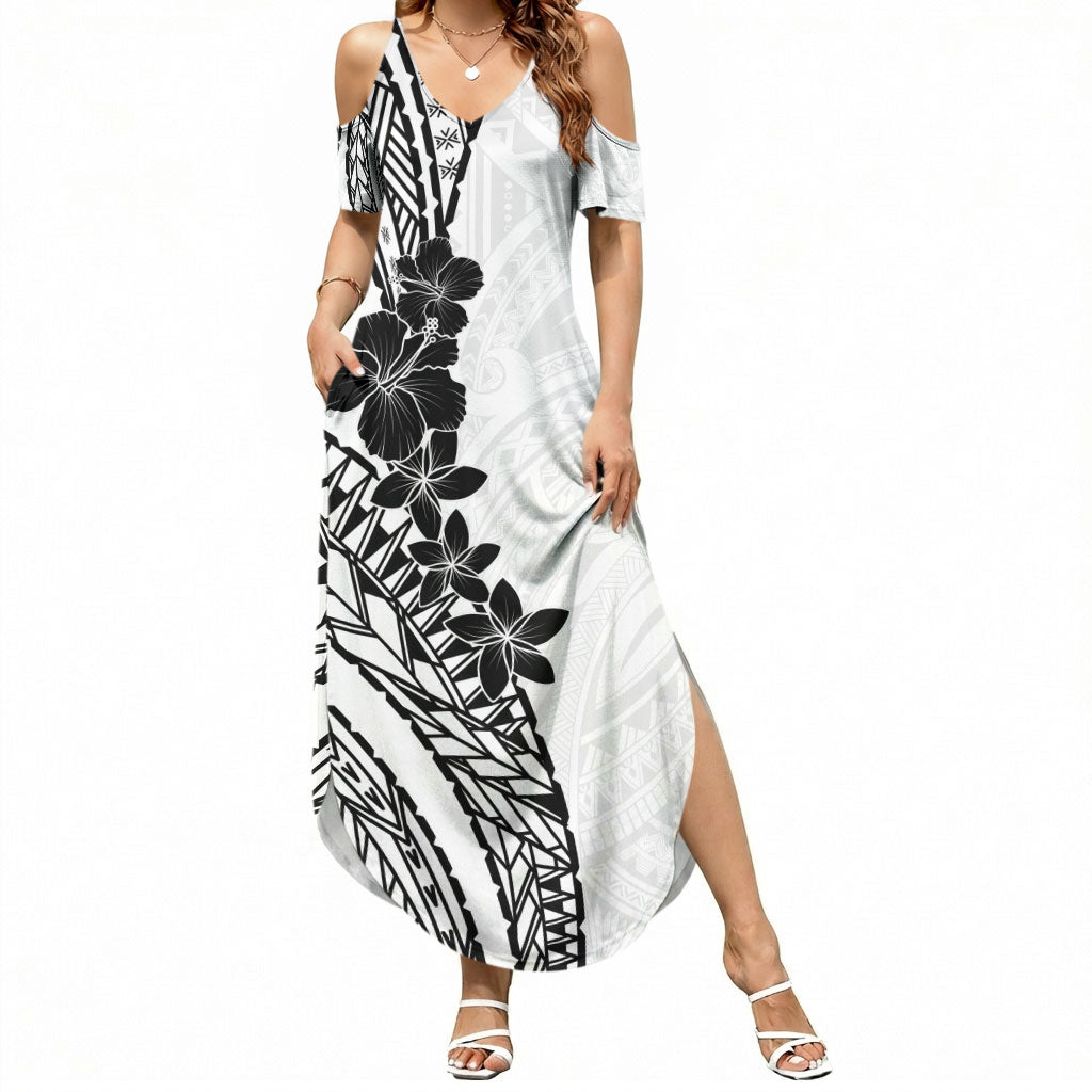 Black White Polynesia Tropical Flowers Summer Maxi Dress