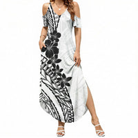 Black White Polynesia Tropical Flowers Summer Maxi Dress