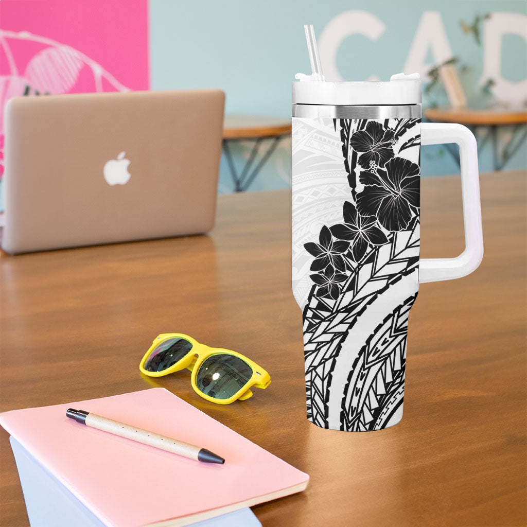 Black White Polynesia Tropical Flowers Tumbler With Handle LT14 - Polynesian Pride