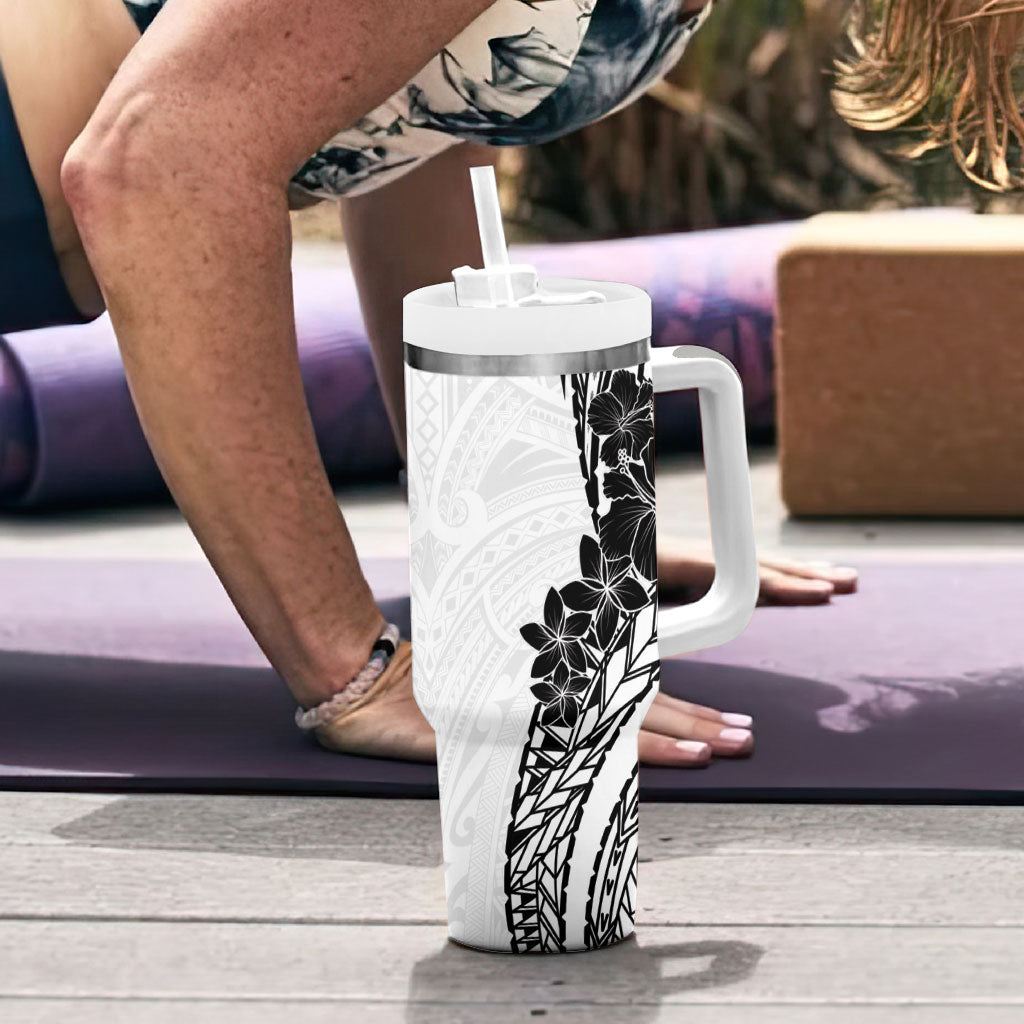 Black White Polynesia Tropical Flowers Tumbler With Handle LT14 - Polynesian Pride