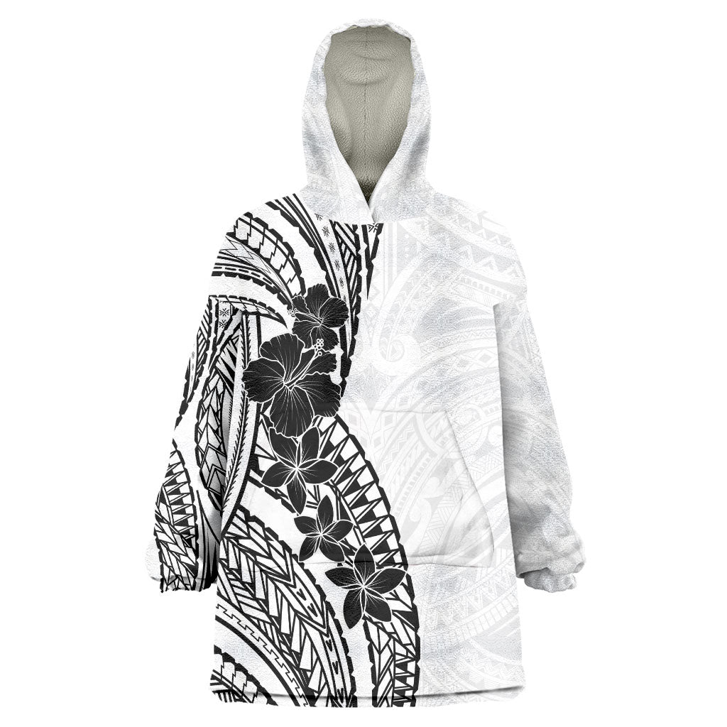 Black White Polynesia Tropical Flowers Wearable Blanket Hoodie LT14 One Size White - Polynesian Pride