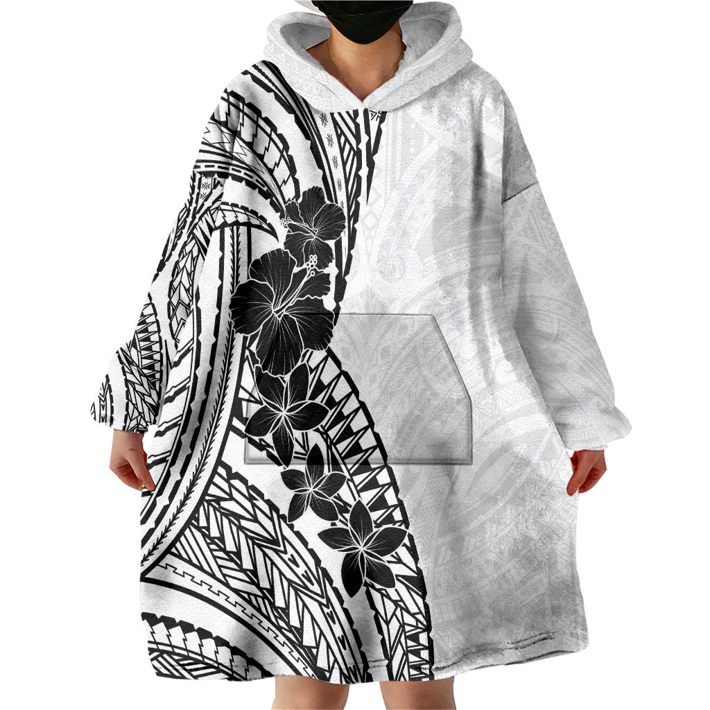 Black White Polynesia Tropical Flowers Wearable Blanket Hoodie LT14 - Polynesian Pride