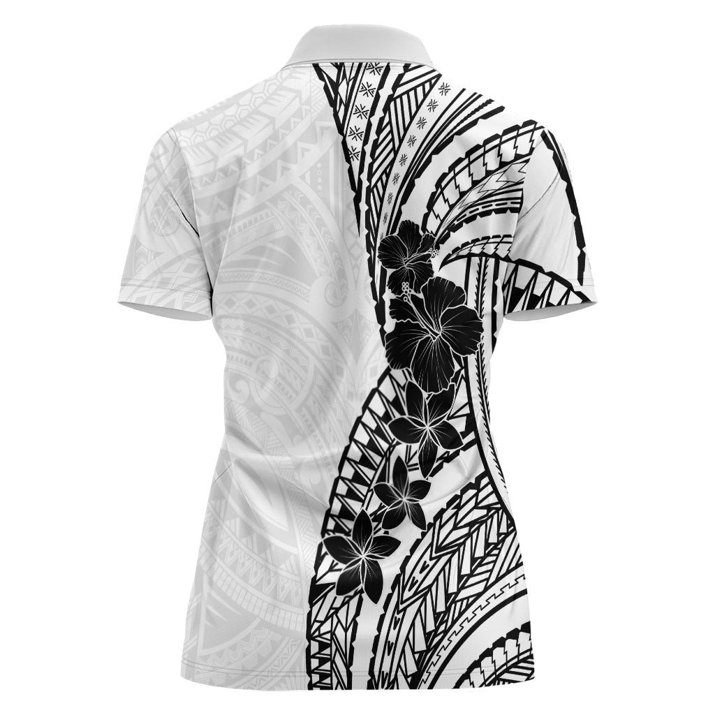 Black White Polynesia Tropical Flowers Women Polo Shirt