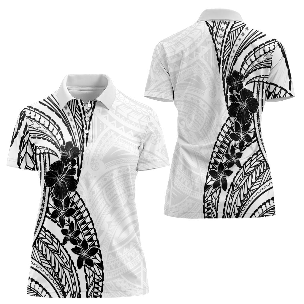Black White Polynesia Tropical Flowers Women Polo Shirt
