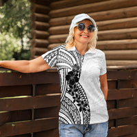 Black White Polynesia Tropical Flowers Women Polo Shirt