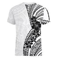 Black White Polynesia Tropical Flowers Women V-Neck T-Shirt