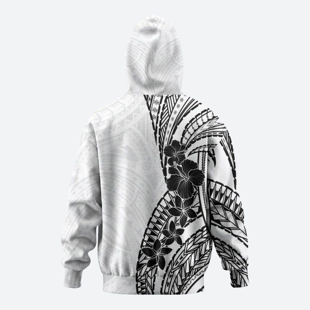 Black White Polynesia Tropical Flowers Zip Hoodie