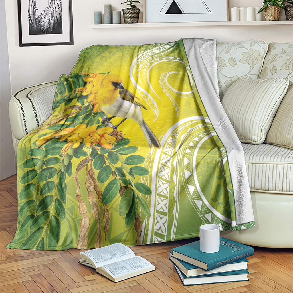 Hawaii Palila Mamane Blanket Hawaiian Honeycreeper With Native Flower LT14 Green - Polynesian Pride