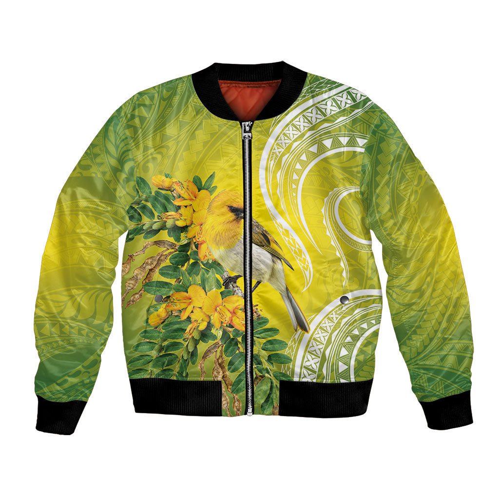 Hawaii Palila Mamane Bomber Jacket Hawaiian Honeycreeper With Native Flower LT14 Unisex Green - Polynesian Pride