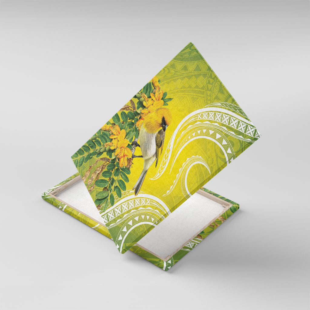 Hawaii Palila Mamane Canvas Wall Art Hawaiian Honeycreeper With Native Flower LT14 With Frame Green - Polynesian Pride