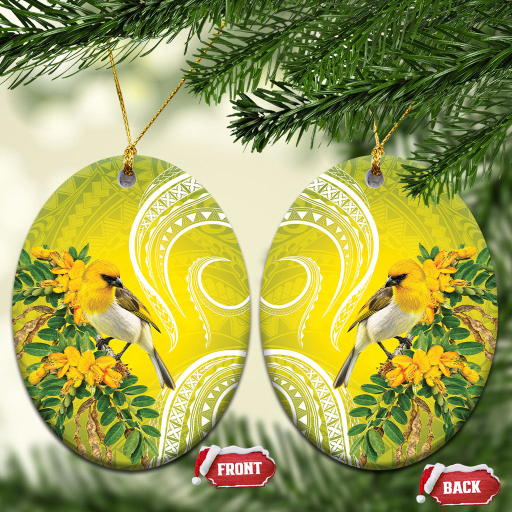Hawaii Palila Mamane Ceramic Ornament Hawaiian Honeycreeper With Native Flower LT14 Oval Green - Polynesian Pride