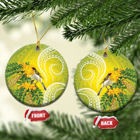Hawaii Palila Mamane Ceramic Ornament Hawaiian Honeycreeper With Native Flower LT14 Circle Green - Polynesian Pride