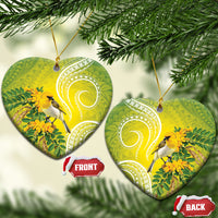 Hawaii Palila Mamane Ceramic Ornament Hawaiian Honeycreeper With Native Flower LT14 Heart Green - Polynesian Pride