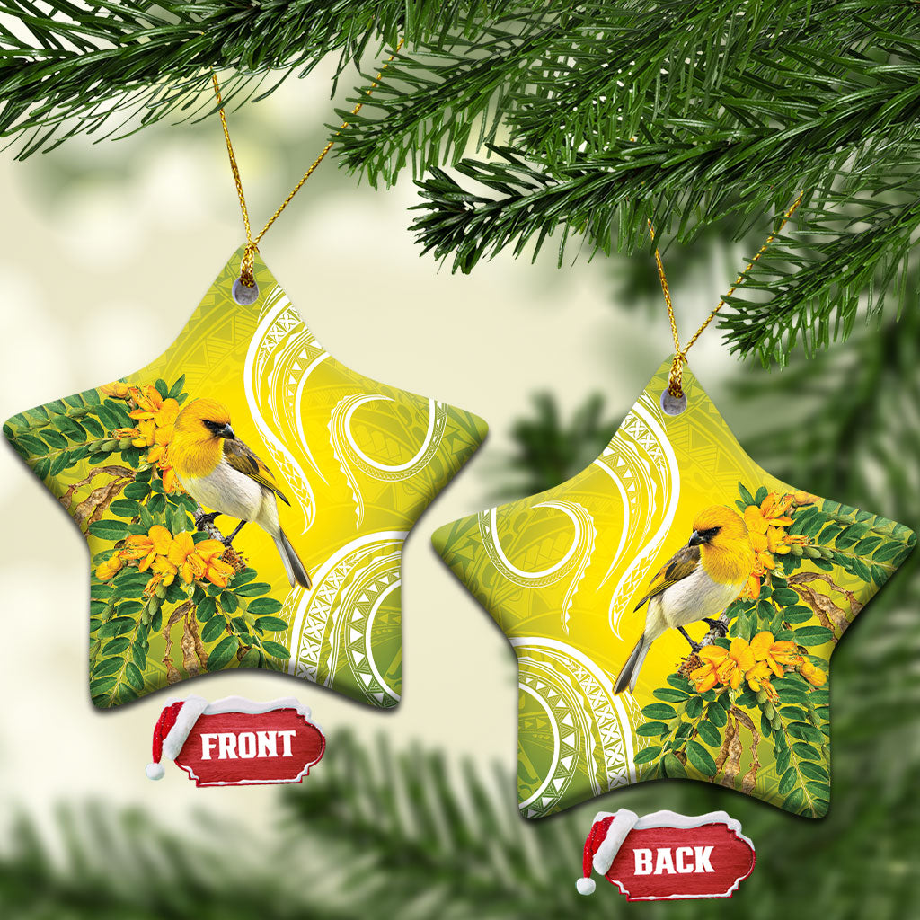 Hawaii Palila Mamane Ceramic Ornament Hawaiian Honeycreeper With Native Flower LT14 Star Green - Polynesian Pride