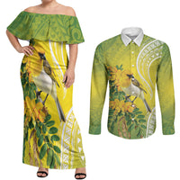 Hawaii Palila Mamane Couples Matching Off Shoulder Maxi Dress and Long Sleeve Button Shirt Hawaiian Honeycreeper With Native Flower LT14 Green - Polynesian Pride