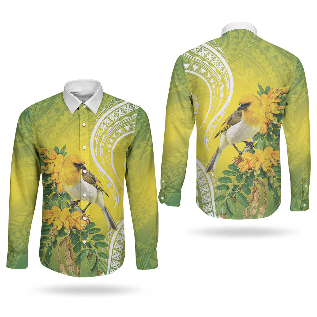 Hawaii Palila Mamane Couples Matching Off Shoulder Maxi Dress and Long Sleeve Button Shirt Hawaiian Honeycreeper With Native Flower LT14 - Polynesian Pride