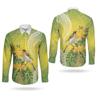 Hawaii Palila Mamane Couples Matching Off Shoulder Maxi Dress and Long Sleeve Button Shirt Hawaiian Honeycreeper With Native Flower LT14 - Polynesian Pride