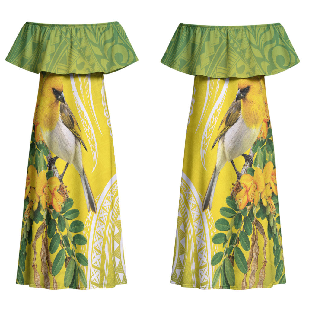 Hawaii Palila Mamane Couples Matching Off Shoulder Maxi Dress and Long Sleeve Button Shirt Hawaiian Honeycreeper With Native Flower LT14 - Polynesian Pride