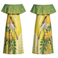 Hawaii Palila Mamane Couples Matching Off Shoulder Maxi Dress and Long Sleeve Button Shirt Hawaiian Honeycreeper With Native Flower LT14 - Polynesian Pride