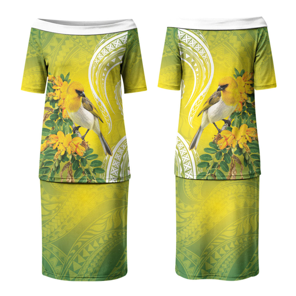 Hawaii Palila Mamane Couples Matching Puletasi and Long Sleeve Button Shirt Hawaiian Honeycreeper With Native Flower LT14 - Polynesian Pride