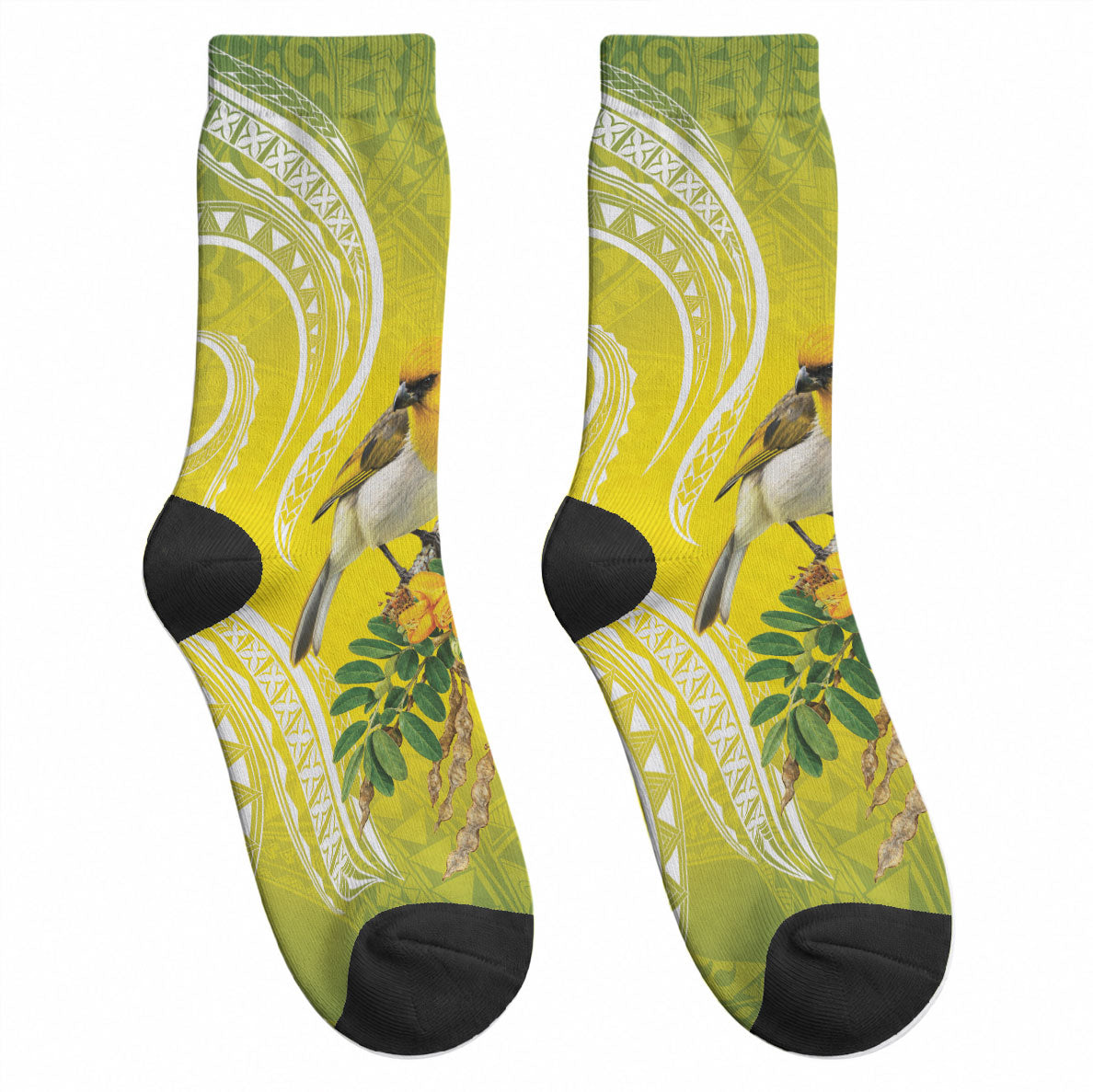 Hawaii Palila Mamane Crew Socks Hawaiian Honeycreeper With Native Flower LT14 - Polynesian Pride