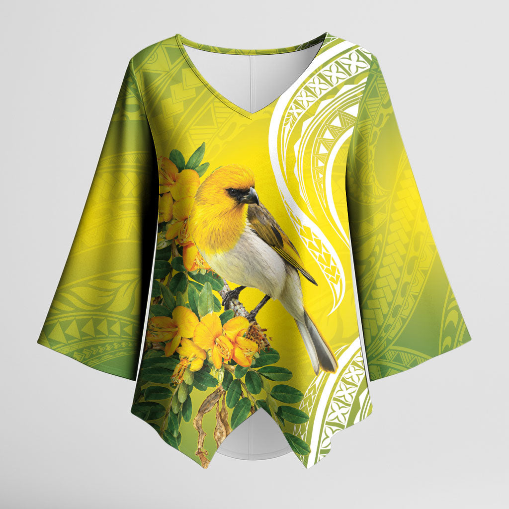 Hawaii Palila Mamane Kimono Sleeve Blouse Hawaiian Honeycreeper With Native Flower LT14 Female Green - Polynesian Pride