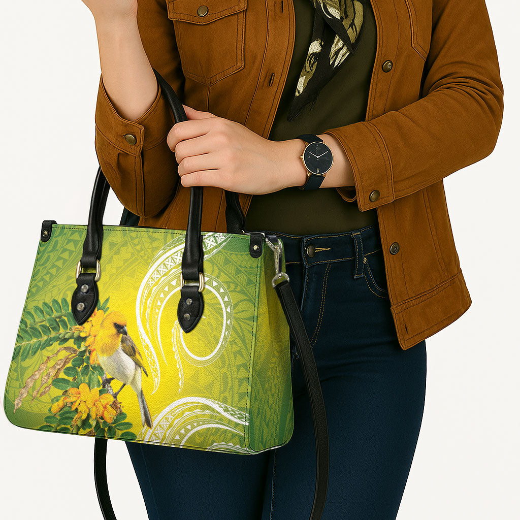 Hawaii Palila Mamane Leather Bag Hawaiian Honeycreeper With Native Flower LT14 - Polynesian Pride