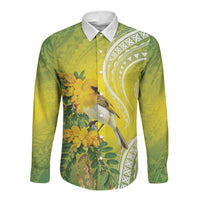 Hawaii Palila Mamane Long Sleeve Button Shirt Hawaiian Honeycreeper With Native Flower LT14 Unisex Green - Polynesian Pride