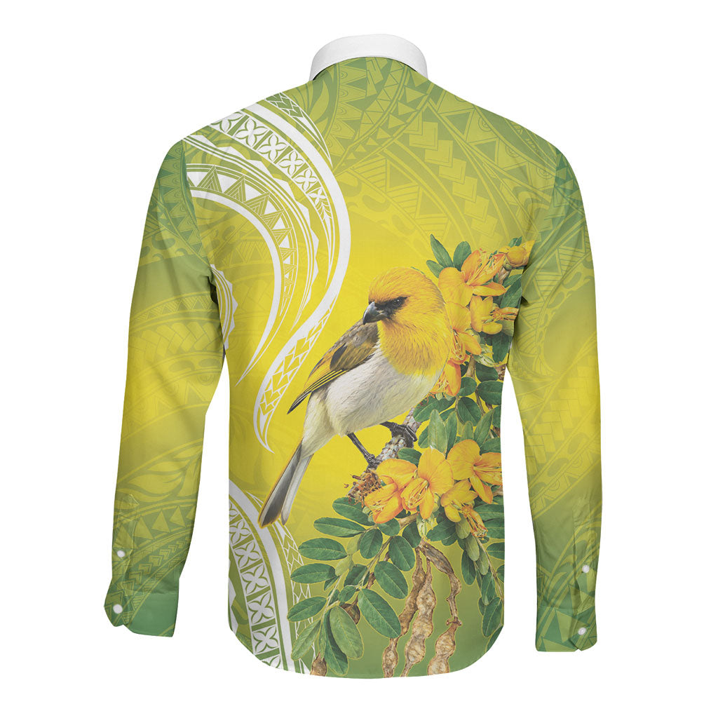 Hawaii Palila Mamane Long Sleeve Button Shirt Hawaiian Honeycreeper With Native Flower LT14 - Polynesian Pride