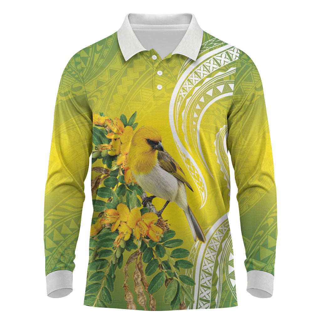 Hawaii Palila Mamane Long Sleeve Polo Shirt Hawaiian Honeycreeper With Native Flower LT14 Green - Polynesian Pride