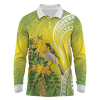 Hawaii Palila Mamane Long Sleeve Polo Shirt Hawaiian Honeycreeper With Native Flower LT14 Green - Polynesian Pride