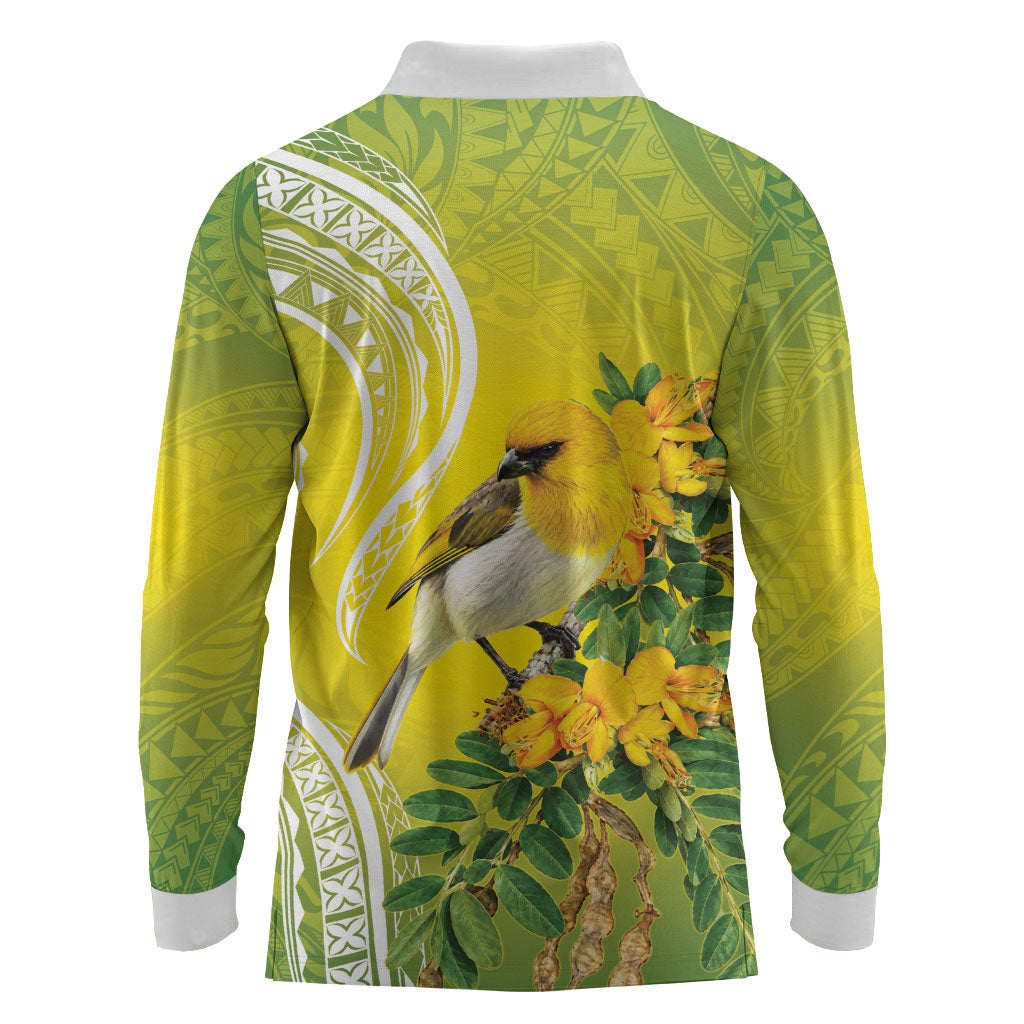Hawaii Palila Mamane Long Sleeve Polo Shirt Hawaiian Honeycreeper With Native Flower LT14 - Polynesian Pride