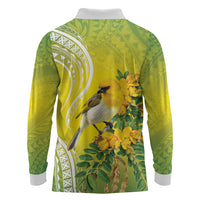 Hawaii Palila Mamane Long Sleeve Polo Shirt Hawaiian Honeycreeper With Native Flower LT14 - Polynesian Pride