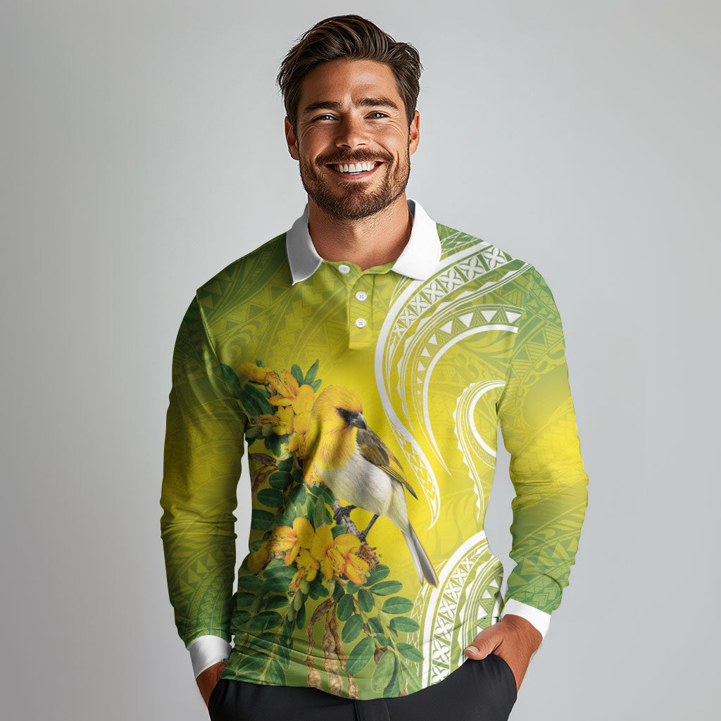 Hawaii Palila Mamane Long Sleeve Polo Shirt Hawaiian Honeycreeper With Native Flower LT14 - Polynesian Pride