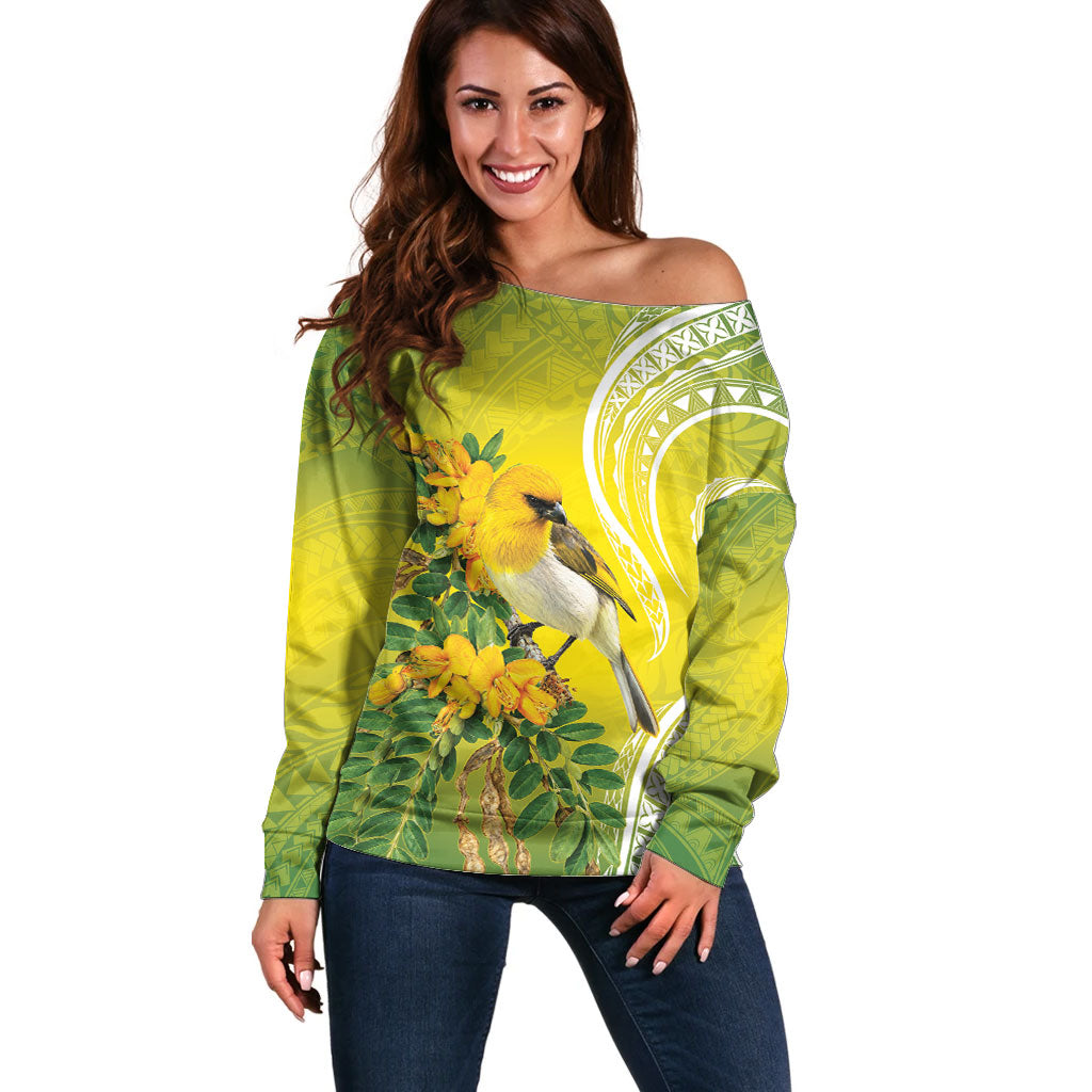 Hawaii Palila Mamane Off Shoulder Sweater Hawaiian Honeycreeper With Native Flower LT14 Women Green - Polynesian Pride