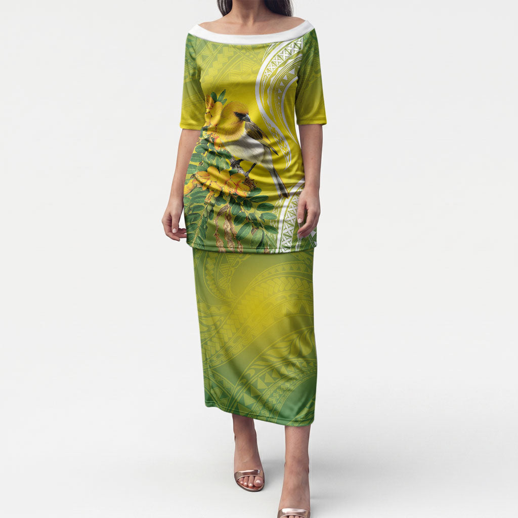 Hawaii Palila Mamane Puletasi Hawaiian Honeycreeper With Native Flower LT14 Long Dress Green - Polynesian Pride