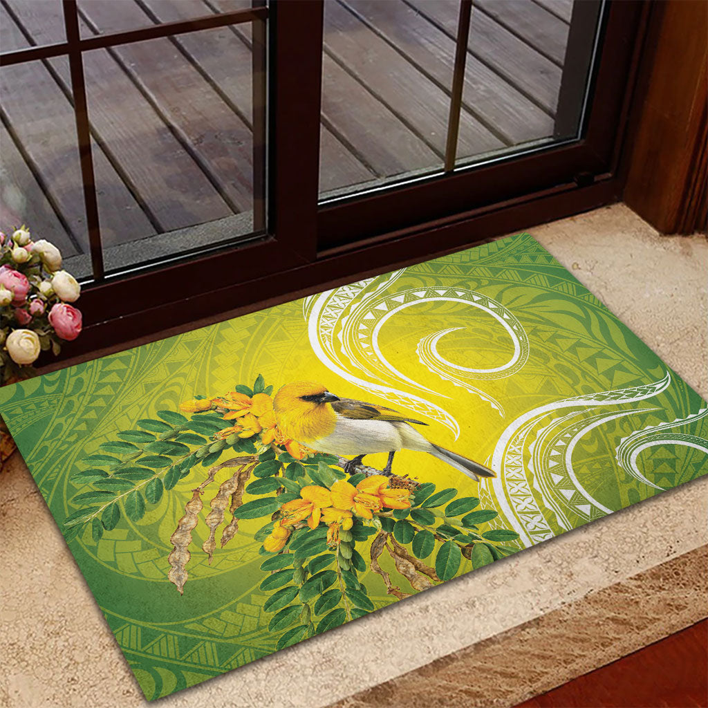 Hawaii Palila Mamane Rubber Doormat Hawaiian Honeycreeper With Native Flower LT14 - Polynesian Pride