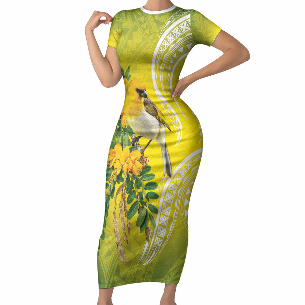 Hawaii Palila Mamane Short Sleeve Bodycon Dress Hawaiian Honeycreeper With Native Flower LT14 Long Dress Green - Polynesian Pride