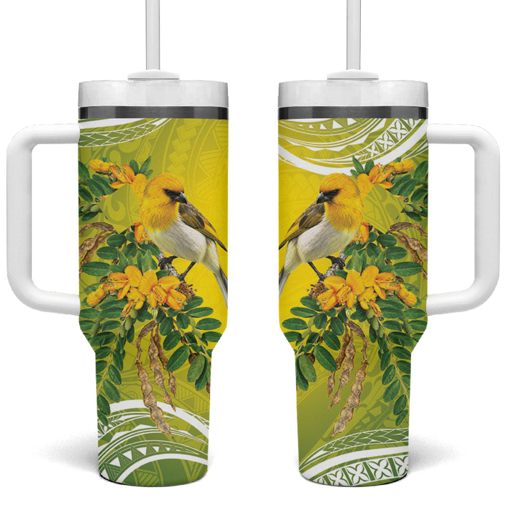 Hawaii Palila Mamane Tumbler With Handle Hawaiian Honeycreeper With Native Flower LT14 One Size: 40 oz Green - Polynesian Pride