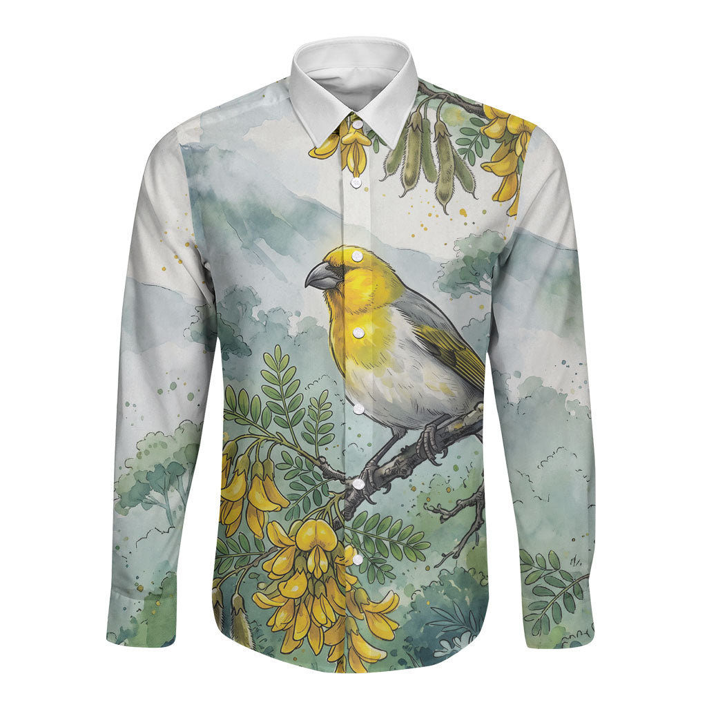 Aloha Hawaii Palila Mamane Watercolor Long Sleeve Button Shirt