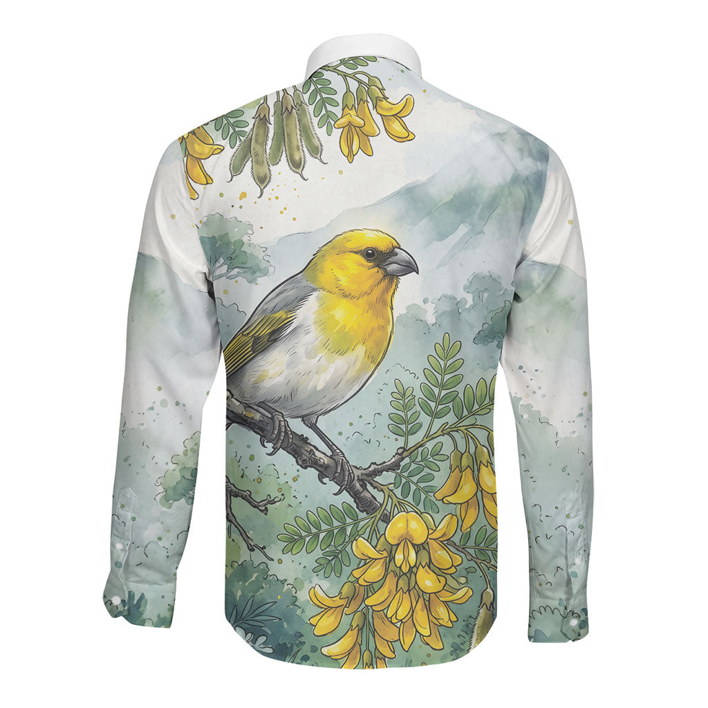 Aloha Hawaii Palila Mamane Watercolor Long Sleeve Button Shirt
