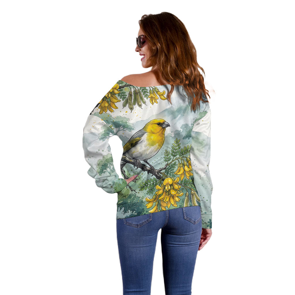 Aloha Hawaii Palila Mamane Watercolor Off Shoulder Sweater LT14 - Polynesian Pride