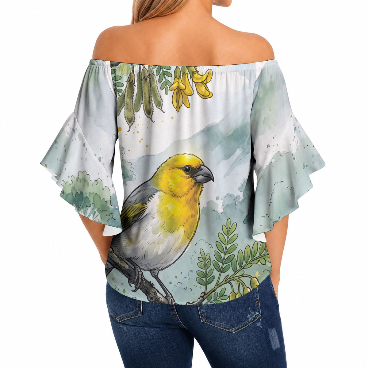 Aloha Hawaii Palila Mamane Watercolor Off Shoulder Wrap Waist Top LT14 - Polynesian Pride