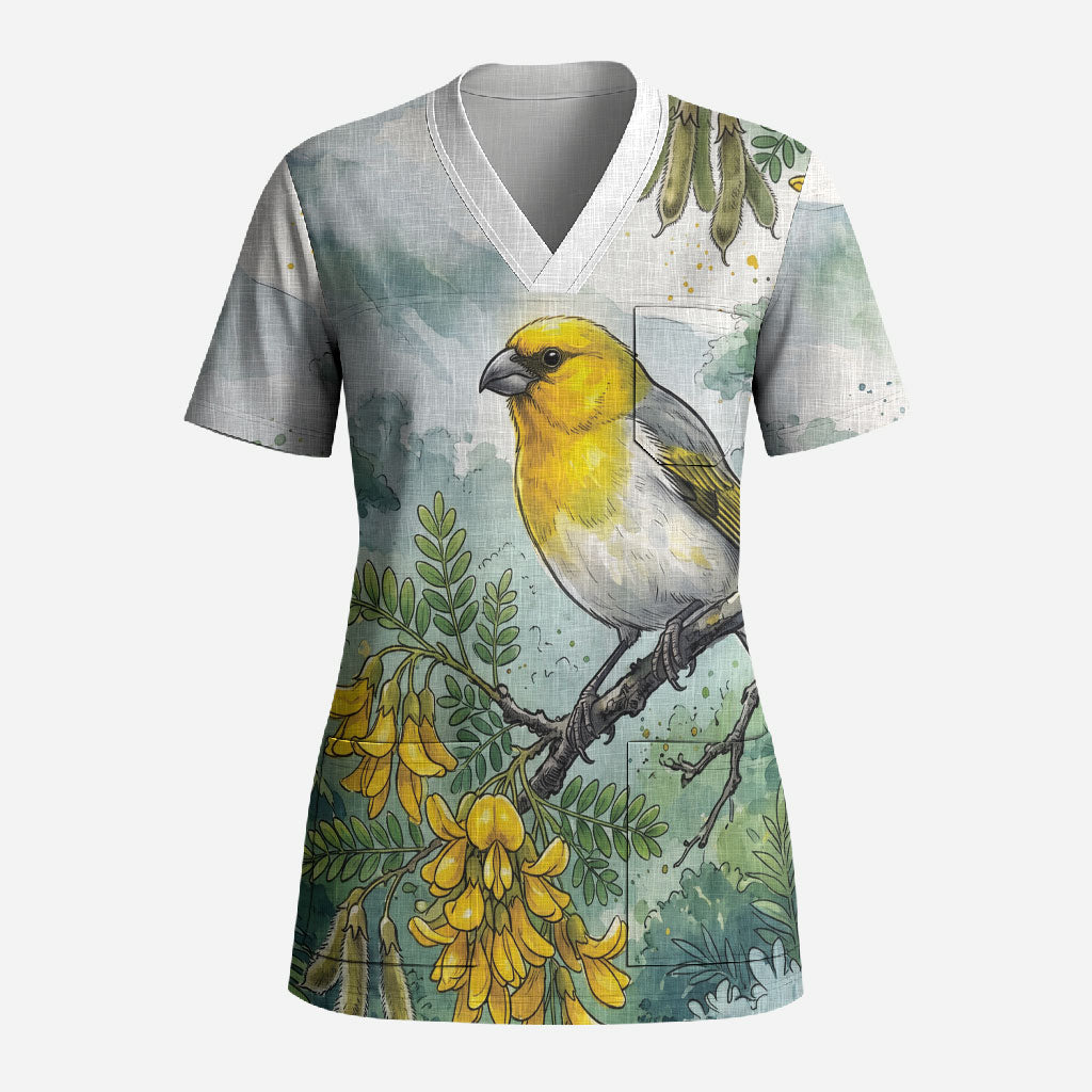 Aloha Hawaii Palila Mamane Watercolor Scrub Top LT14 Adult Watercolor - Polynesian Pride