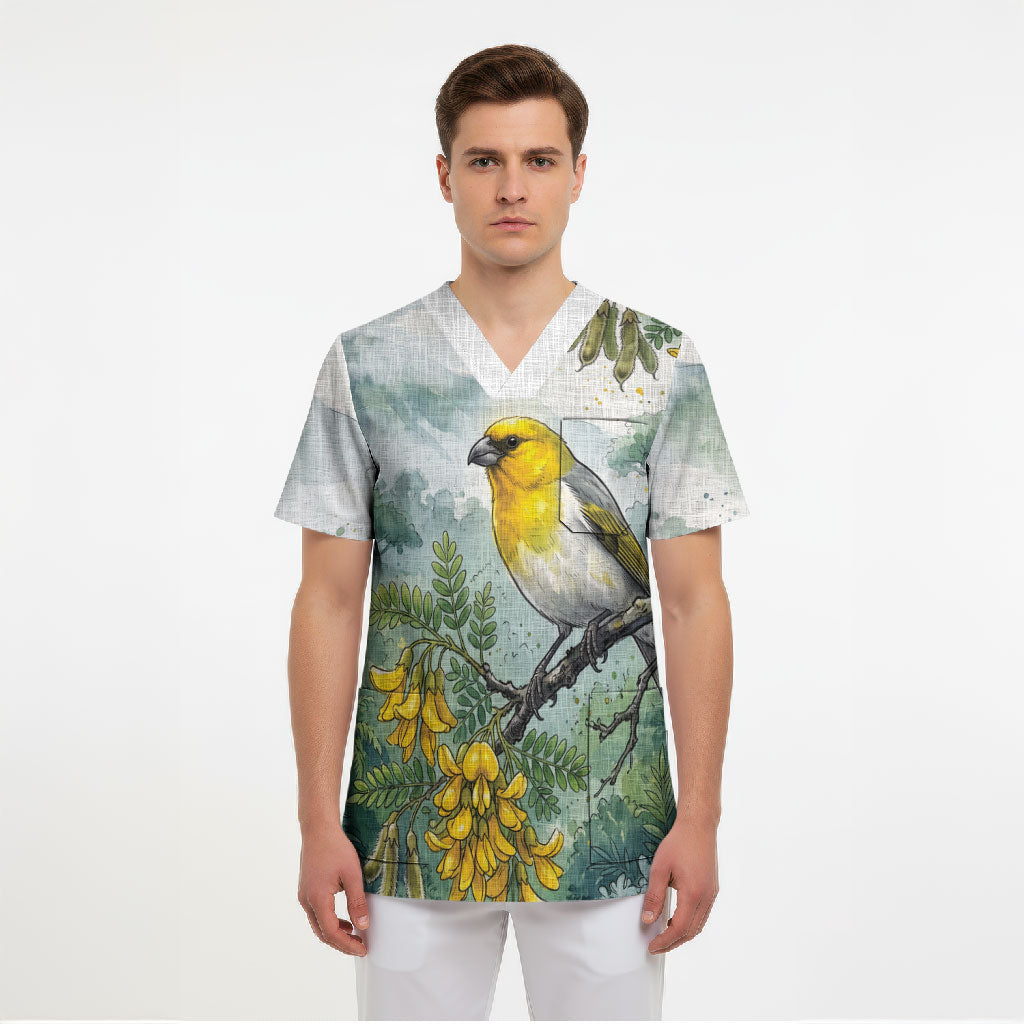 Aloha Hawaii Palila Mamane Watercolor Scrub Top LT14 - Polynesian Pride