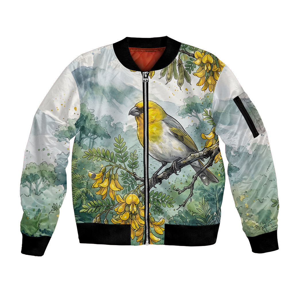 Aloha Hawaii Palila Mamane Watercolor Sleeve Zip Bomber Jacket
